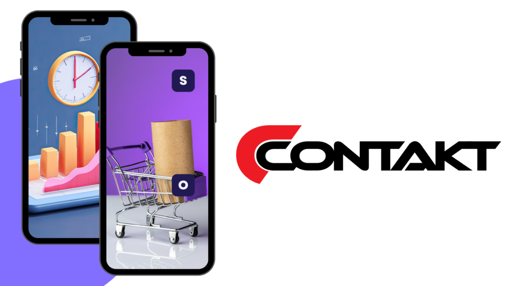 Grafic de creștere a afacerilor Contakt cu mockup-uri de telefoane ilustrând analytics și retail, alături de logo-ul companiei, reprezentând performanța financiară din 2025 și planurile de expansiune pentru 2026.